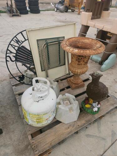 4x4 Concrete post holders, metal planter, half full BBQ tank, lawn decorations