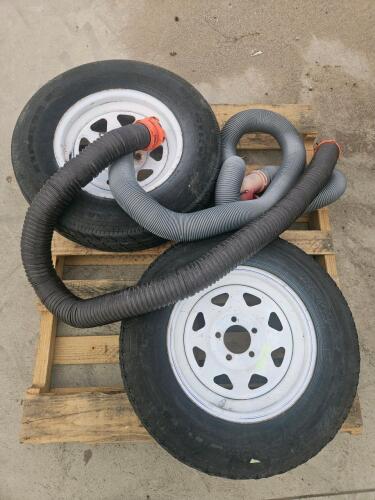 2 15" Trailer wheels tires shot, RV sewer hose