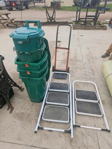 2 Step stools, plastic garbage cans, cart