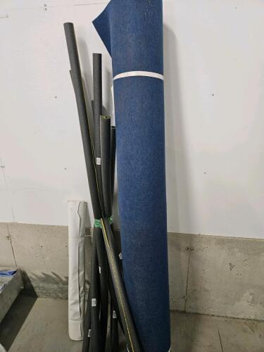 73" Roll of outdoor carpet, 3/4" pipe insulation, 34" roll of light canvas