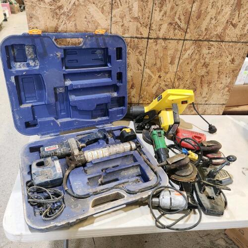 Cordless grease gun, leaf blower, various other tools