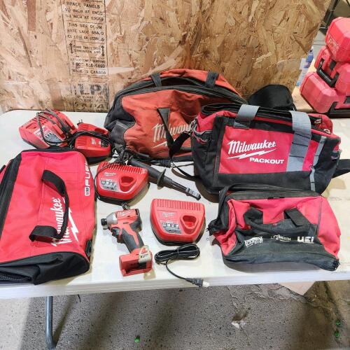 Milwaukee M18 1/4" impact, battery chargers, toolbags