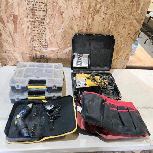 Hardware bins, jig saw, screwdriver