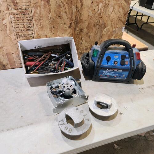 Hand tools, untested booster pack, ventilation fan, etc.