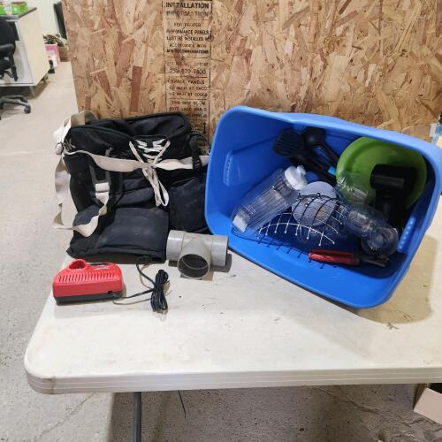 Assorted household items, sz med hockey pants, Milwaukee m12 battery charger