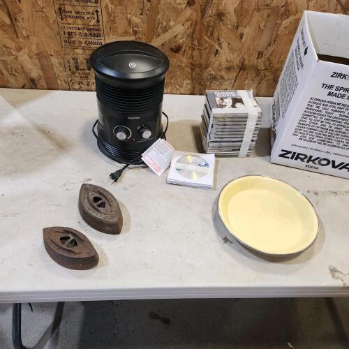 Heater, CDs, pie plate, etc.