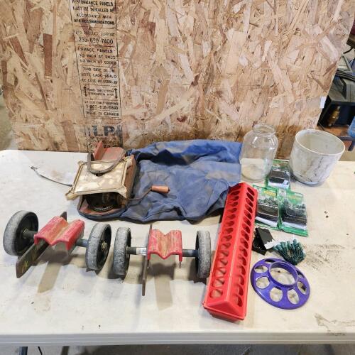 Snowmobile dollys, seeder bag, chicken feeder, etc.