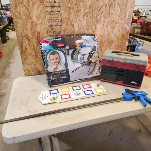 Kids bouncer, picture frame, toolbox, 45" quick clamp