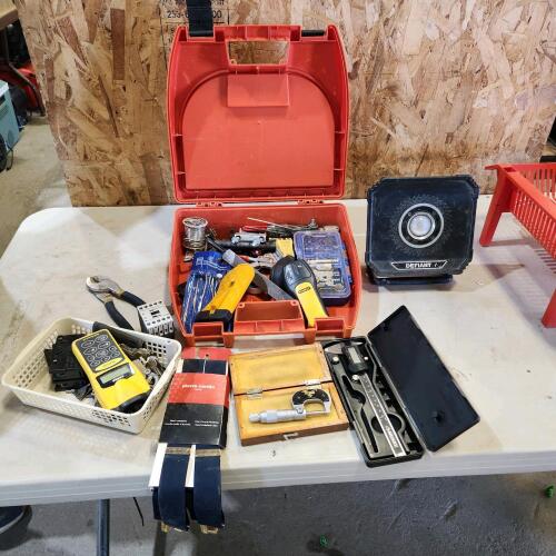 LED work light, micrometer & other assorted tools & hardware