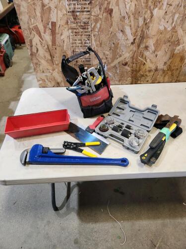 New 24" pipe wrench, assorted tools, hatchets
