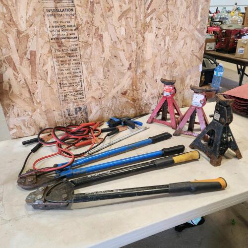 Bolt cutters, booster cables, quick clamp, 2 ton jack stands