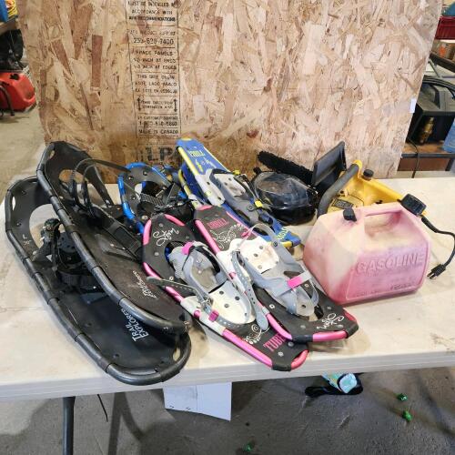 Snow shoes, electric chainsaw, gas can, etc.