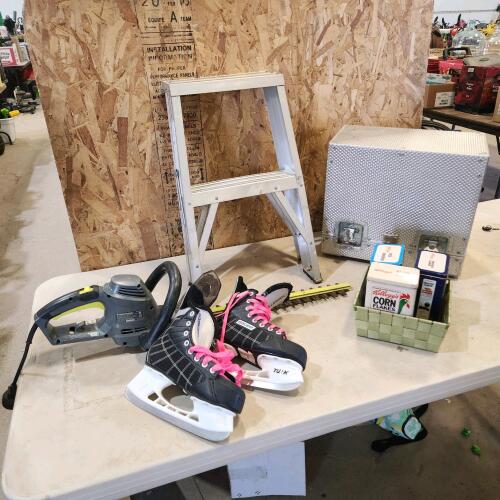 2 Step alum stool, hedge trimmer, sz 4 skates, storage box