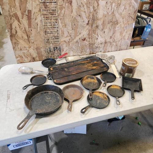 Assorted cast frying pans, etc.