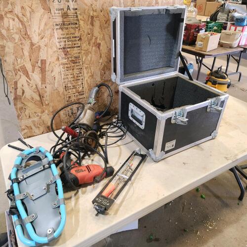 Shipping crate, snowshoes, grinder, etc.
