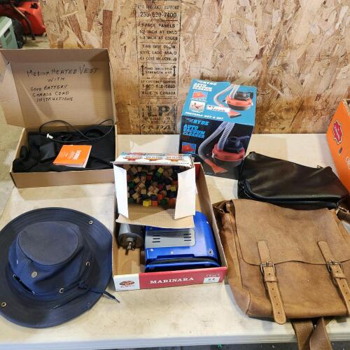 Med heated vest, roots messenger bag, vacuum, etc.