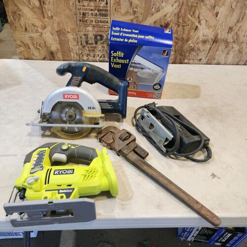 Assorted power tools, 16" pipe wrench, etc.