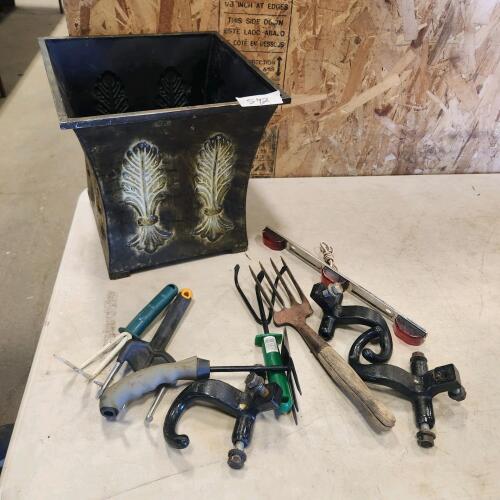 Gardening tools, metal planter, tow hooks