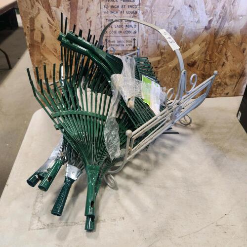 Metal rake heads, log holder