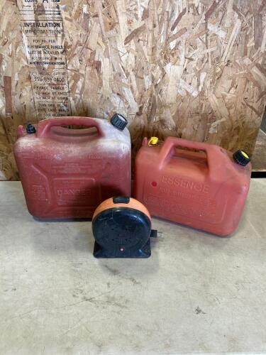 2 Gas cans, retractable cord on reel