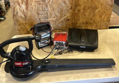 Battery chargers, foot massager, electric leaf blower