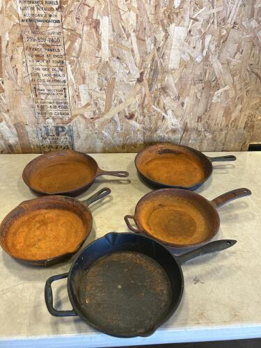 Cast frying pans 1- 12&rdquo;, 1- 11&rdquo;,3- 10&rdquo;