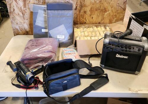 JVC mini VHS camcorder, amp & microphone, curtains, sponges