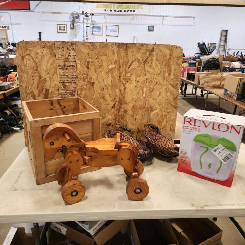Wine box, wooden kids ride on toy, wicker baskets, foot spa