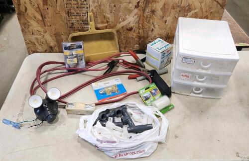 Booster cables, deadbolt, motion light, flood light, plumbing fittings, etc