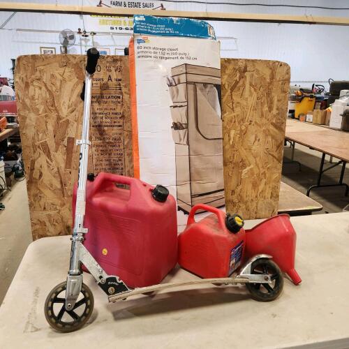 Storage unit, gas cans, funnel