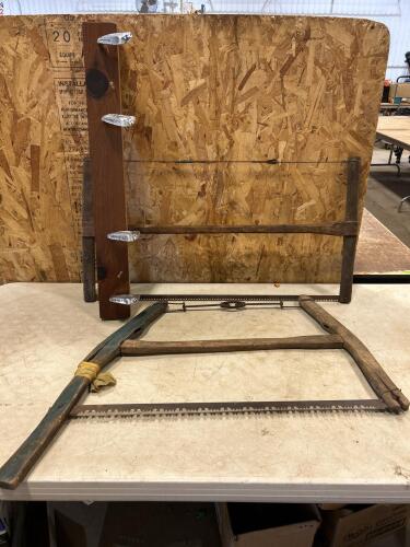 2 crosscut saws, golf club coat rack