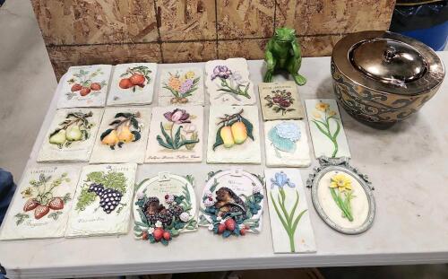 Plaster plant markers, fire pot, frog