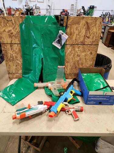 2 Pairs of sz m Waterproof industrial Overalls, nerf guns