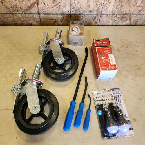 Gopher trap, castor wheels, pry bars, etc