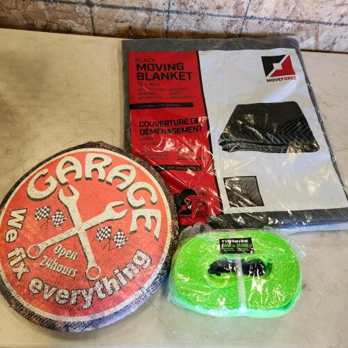 Moving blanket, 4" recovery strap, etc.