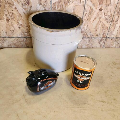Harley Davidson piggy bank & motor oil, crock w damage