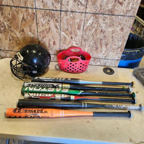 Baseball bats, hockey pucks, football helmet