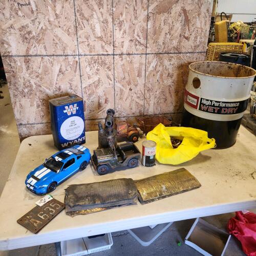 Vintage toys, blow torch, tins