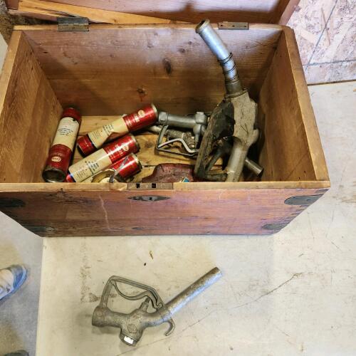Vintage wooden box w fuel nozzles, grease, etc.