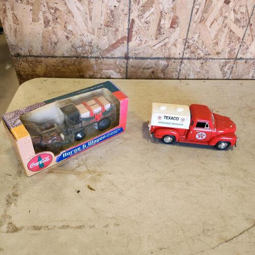 Coca-Cola coin bank, Texaco diecast truck
