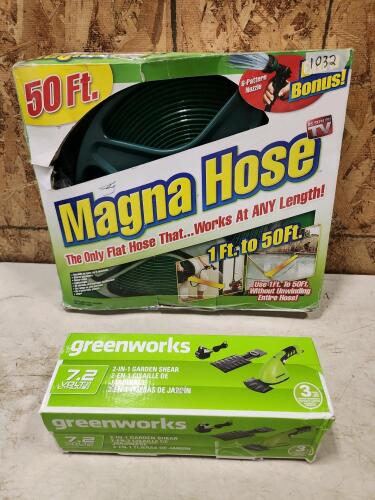 Unused 50' flat hose, 7.2v 2-1 garden shear