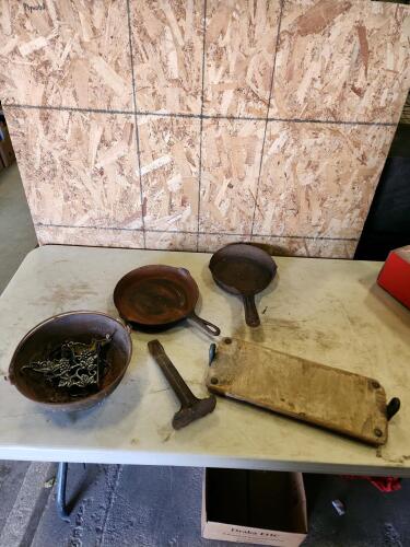 9" & 10" cast frying pans, other vintage cast items