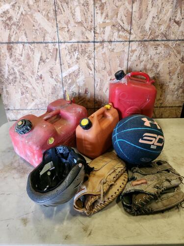 3 gas cans, sport equipment