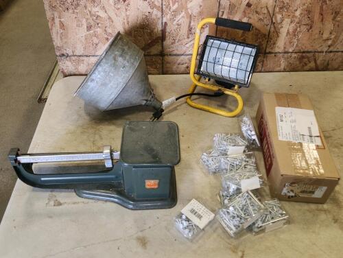 Postal scale, 1 1/2" siding nails,work light, funnel