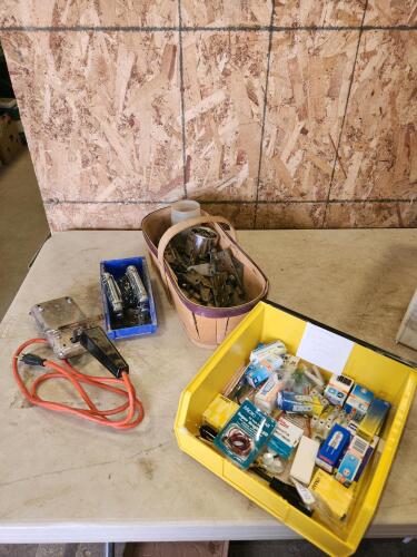 Various sized hinges, paint stripper, misc electrical
