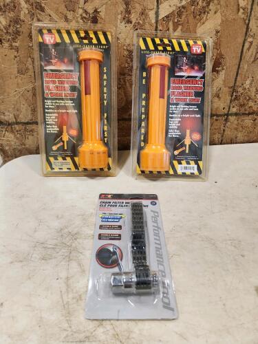 Emergency roadside flashlight, oil filter wrench