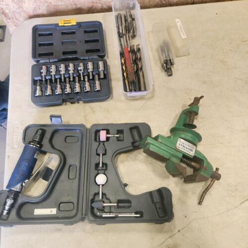 Air die grinder, 2" vice, allen sockets, milling & drill bits