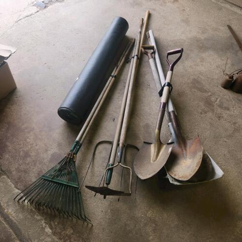 Tar paper, rakes, hoes, shovels, etc.