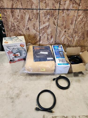 Micro HDMI cables, water filter, sunshade 10&rsquo;x12&rsquo;, portable sewing machine