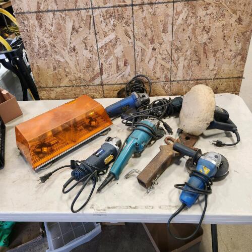 Angle grinders, farm hitch, buffer, strobe light as is
